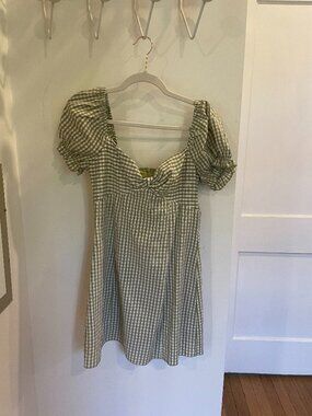 Urban Outfitters Green & White Gingham Checked Mini Dress With Puffed Sleeves